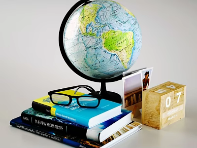 Chic Decorative Ornament Collection With Globe Stacked Books Glasses Wooden Calendar And Photo Frame 3d model