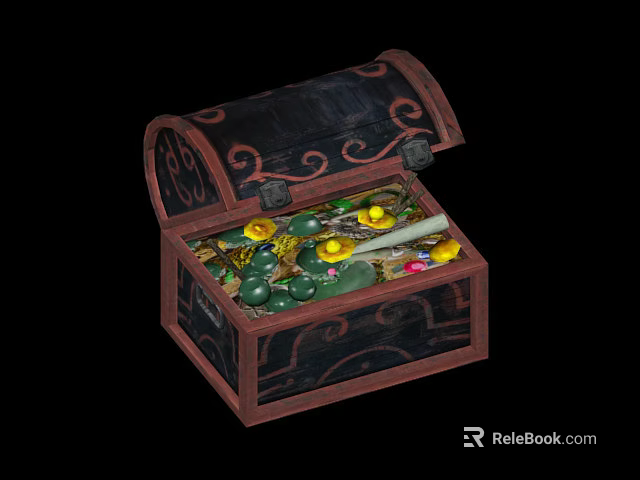 Open Wooden Treasure Chest with Intricate Carvings Filled with Colorful Gems and Gold Coins 3d model 