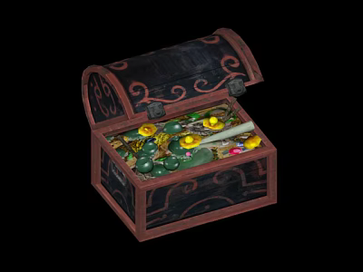 Open Wooden Treasure Chest with Intricate Carvings Filled with Colorful Gems and Gold Coins 3d model