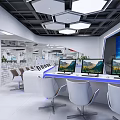 Modern High Tech Monitoring Control Room With Multiple Computers And Large Background Display Screens