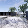 Modern Building Exterior Wall With Black Facade Open Entrance Steps And Paved Ground