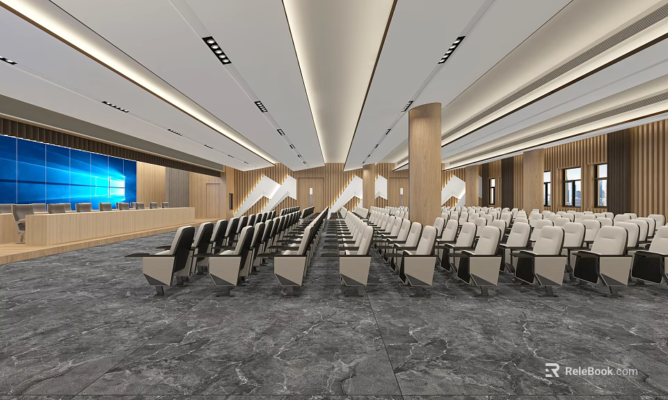 Modern Meeting Room Interior With Wooden Panels Large Screen And Arranged Chairs 3d model 
