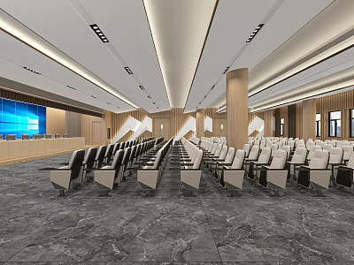 Modern Meeting Room Interior With Wooden Panels Large Screen And Arranged Chairs 3d model