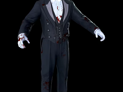 Man Wearing Black Suit With Blood Stains White Shirt And White Gloves Against Black Background 3d model