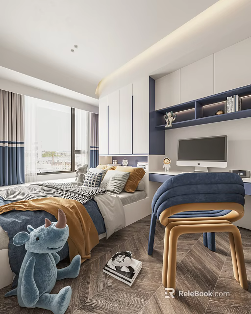 Tatami Bedroom Interior with Tatami Bed Study Desk Computer Monitor Blue Chair and Storage Cabinets 3d model 