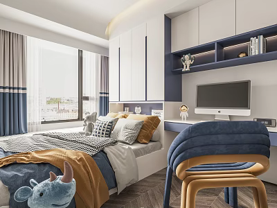 Tatami Bedroom Interior with Tatami Bed Study Desk Computer Monitor Blue Chair and Storage Cabinets 3d model