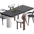 Stylish Dining Table Set with Black Top Mixed Material Chairs Fruit Bowl and Candlestick 3d model