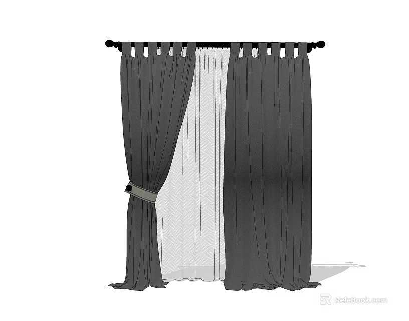 Dark Pleated Curtains With Sheer Layers And Tiebacks For Home Windows 3d model 