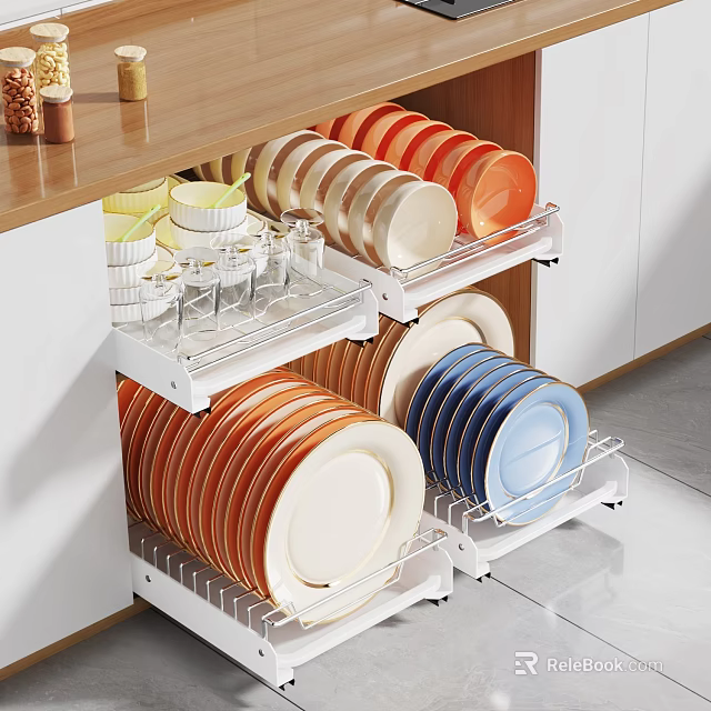 Kitchen Pull Out Basket Organizes Dishes Bowls And Glasses Neatly 3d model 