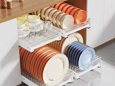 Kitchen Pull Out Basket Organizes Dishes Bowls And Glasses Neatly 3d model