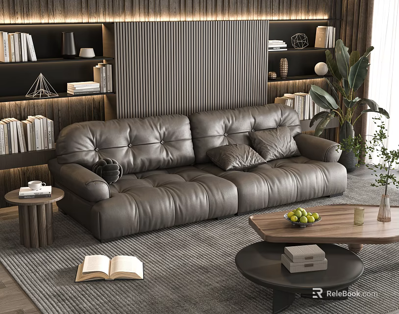 Modern Leather Double Sofa in Living Room with Bookshelves Potted Plant and Coffee Table 3d model 