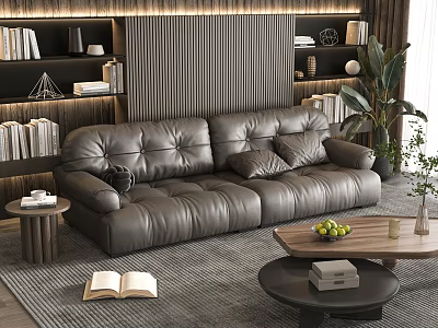 Modern Leather Double Sofa in Living Room with Bookshelves Potted Plant and Coffee Table 3d model