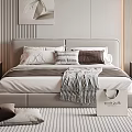 Modern Double Bed with Grey Headboard Decorative Pillows Striped Blanket Nightstands and Wall Art