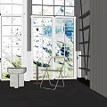 Inflatable Chair In Spacious Room With Large Windows Mountain View White Sink Black Ladder Shelf