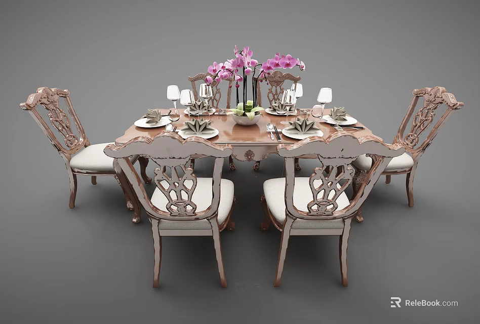 Elegant Wooden Dining Table Set With Carved Chairs White Cushions Tableware And Purple Flowers 3d model 