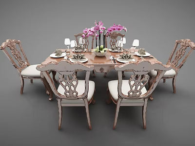 Elegant Wooden Dining Table Set With Carved Chairs White Cushions Tableware And Purple Flowers 3d model