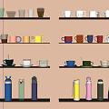 Different Types of Colorful Cups on Shelves with Neat Arrangement and Various Designs
