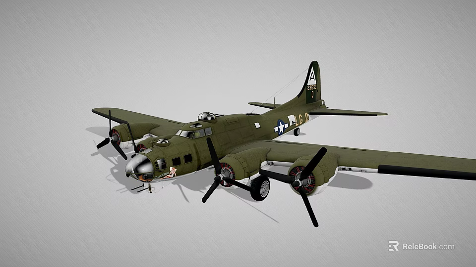 Vintage Military Bomber Aircraft With Green Color Four Propellers And Wing Markings 3d model 