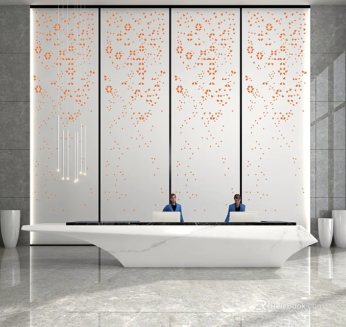 Modern Marble Reception Desk In Lobby With Decorative Wall And Staff Working 3d model 