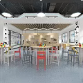 School Bright Classroom With Colorful Tables Chairs Windows And Learning Shelves