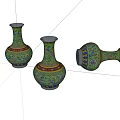 Three Green Ceramic Vases With Colorful Intricate Patterns On White Background 3d model