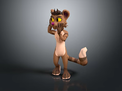 Anthropomorphic Cat Character With Yellow Eyes Brown Body White Tail Tip In 3D Standing Pose 3d model