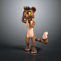 Anthropomorphic Cat Character With Yellow Eyes Brown Body White Tail Tip In 3D Standing Pose
