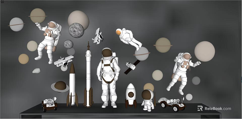 Space Themed Decorative Ornament Set With Astronaut Figurines Rocket Models And Planets 3d model