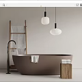 Modern Brown Bathtub With Wooden Ladder White Towel And Pendant Lights