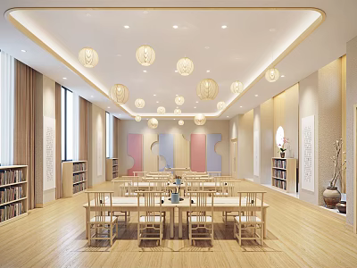 School Classroom With Wooden Tables Chairs Bookshelves Decorative Paintings And Hanging Lanterns 3d model