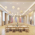 School Classroom With Wooden Tables Chairs Bookshelves Decorative Paintings And Hanging Lanterns