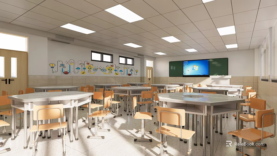 School Classroom With Desks Chairs Blackboard Windows And Wall Decorations 3d model 