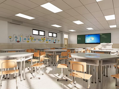 School Classroom With Desks Chairs Blackboard Windows And Wall Decorations 3d model