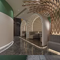 Elegant Modern Restaurant Interior With Arched Windows Striped Lighting And Bar Counter