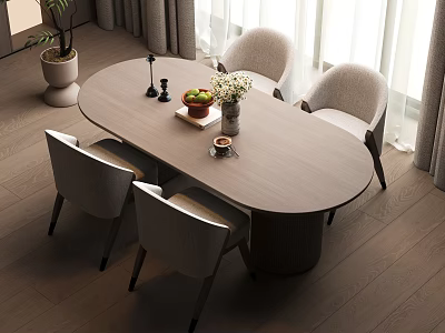 Modern Dining Table Set With Oval Wooden Top Four Gray Chairs Fruit Bowl Flower Vase 3d model