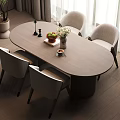 Modern Dining Table Set With Oval Wooden Top Four Gray Chairs Fruit Bowl Flower Vase