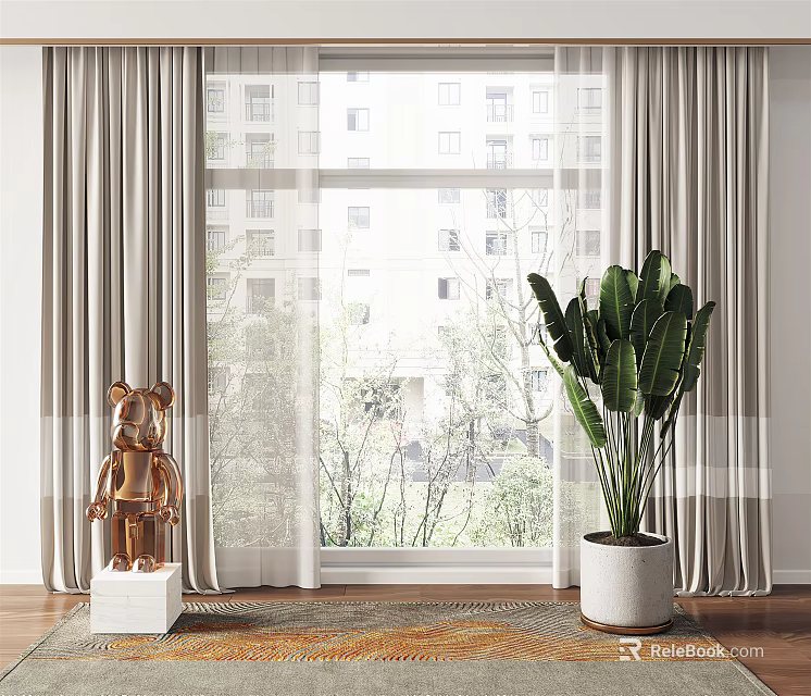 Light Beige Curtains in Modern Room with Window View and Large Potted Plant 3d model 