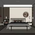 Elegant Modern Bedroom Interior With Bed Circular Artwork Nightstands Bench At Foot Rug And Armchair