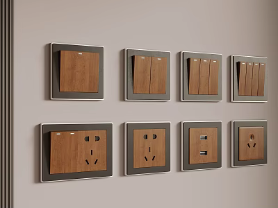 Modern Wall Switches and Electrical Outlets with Wooden Panels and Metal Frames for Home Interior 3d model