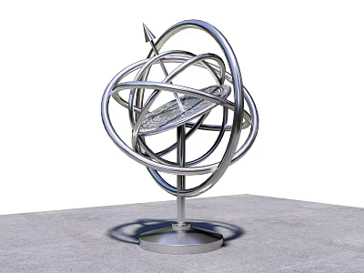 Silver Armillary Sphere Clock on Gray Platform with Intricate Metallic Rings 3d model