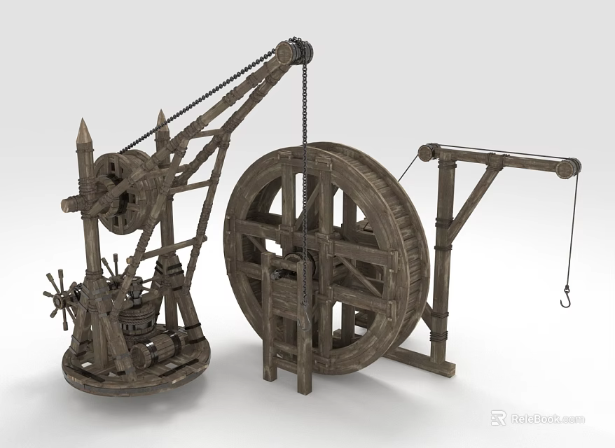 Ancient Mechanical Device 3D Model With Wooden Structure Large Wheel Rope And Hook 3d model
