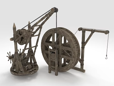 Ancient Mechanical Device 3D Model With Wooden Structure Large Wheel Rope And Hook 3d model