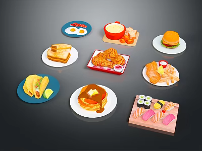 Assorted Delicious Foods Including Tacos Pancakes Sushi Fried Chicken And Burgers 3d model