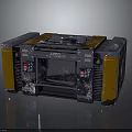 Industrial Metal Equipment Case With Orange Accents Control Panels And Reflective Surface