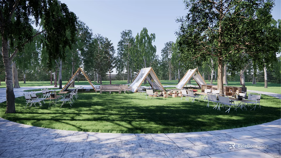 Outdoor Camping Tents Placed In Lush Grassland With Trees And Tables Chairs 3d model 