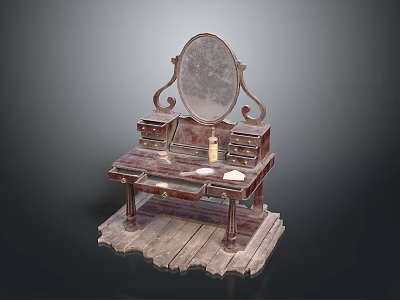 Vintage Wooden Dressing Table With Carved Design Oval Mirror And Drawers 3d model