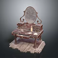 Vintage Wooden Dressing Table With Carved Design Oval Mirror And Drawers