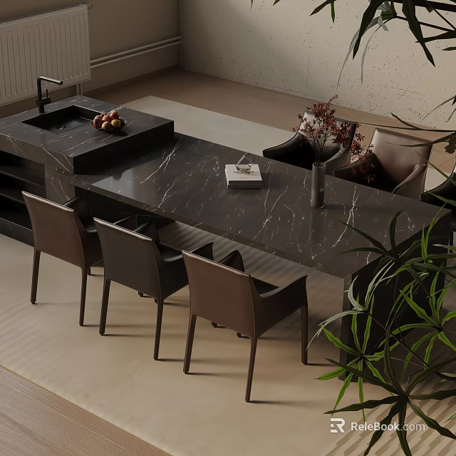 Modern Dining Table Set With Marble Top Chairs Green Plants And Vase 3d model 