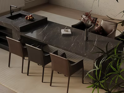 Modern Dining Table Set With Marble Top Chairs Green Plants And Vase 3d model