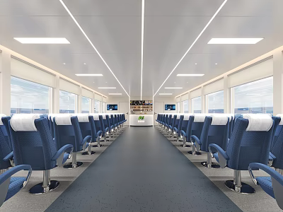 Modern Train Carriage Interior With Blue Seats Neatly Arranged Windows And Lighting 3d model